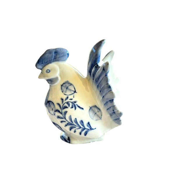 Vintage Blue & White Ceramic Rooster Piggy Bank - Picture 6 of 11